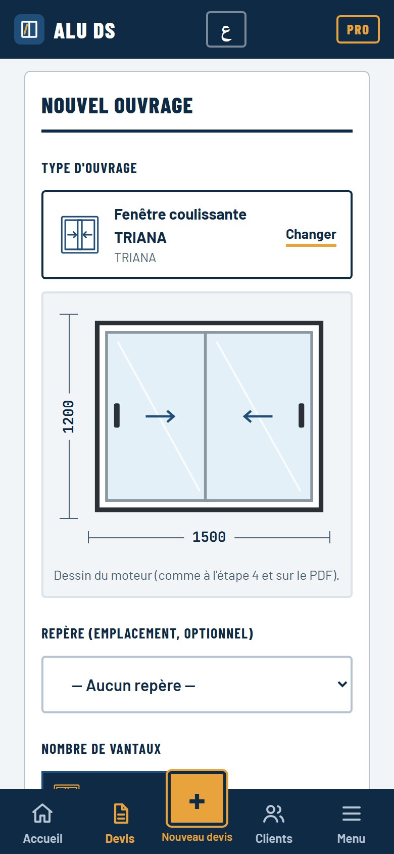 Écran ALU.DS en français : ajouter un ouvrage, avec le dessin coté