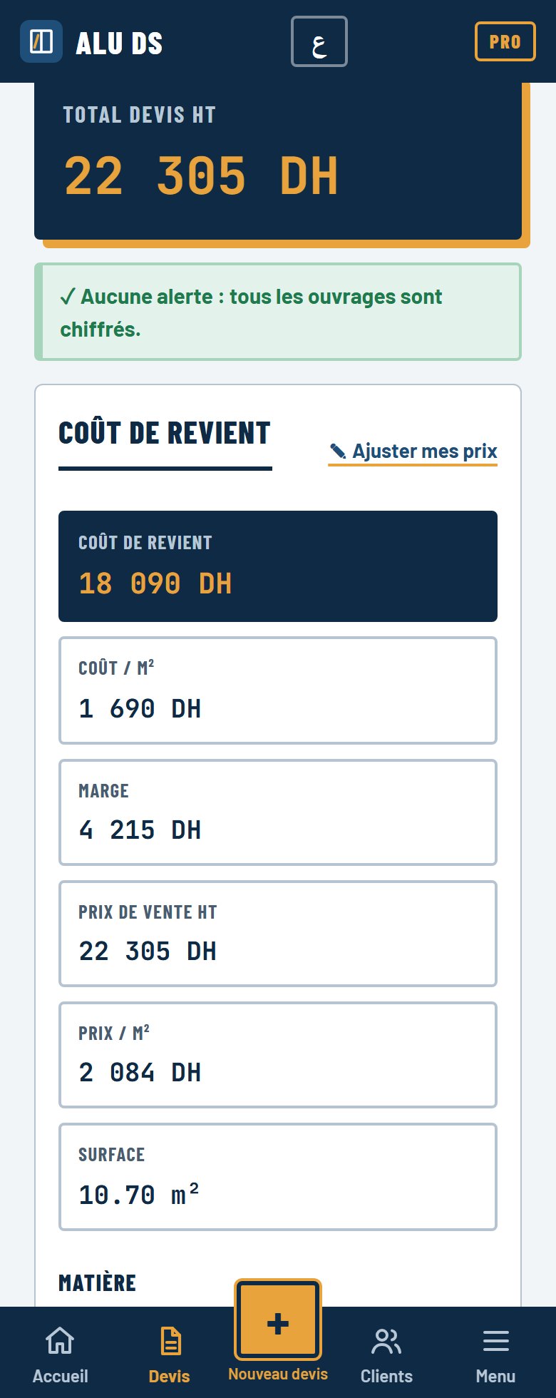 Écran ALU.DS en français : total du devis et coût de revient